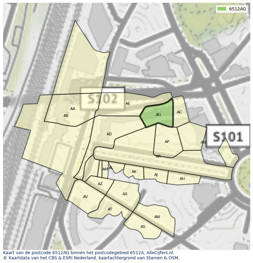 Afbeelding van het postcodegebied 6512 AG op de kaart.