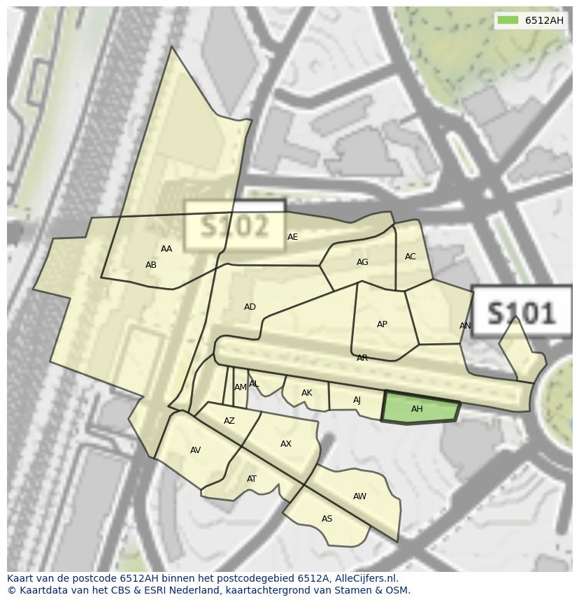Afbeelding van het postcodegebied 6512 AH op de kaart.