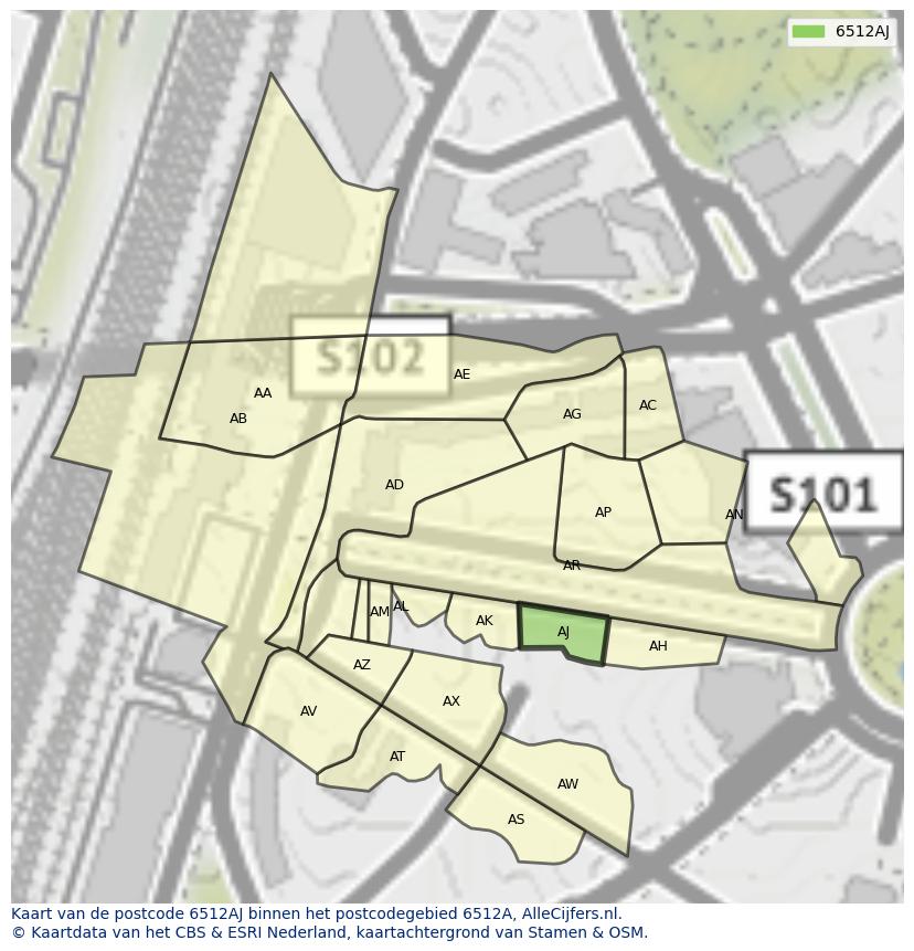 Afbeelding van het postcodegebied 6512 AJ op de kaart.