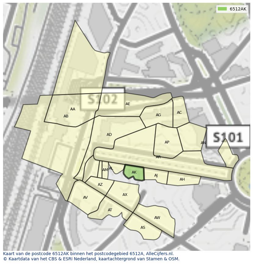 Afbeelding van het postcodegebied 6512 AK op de kaart.