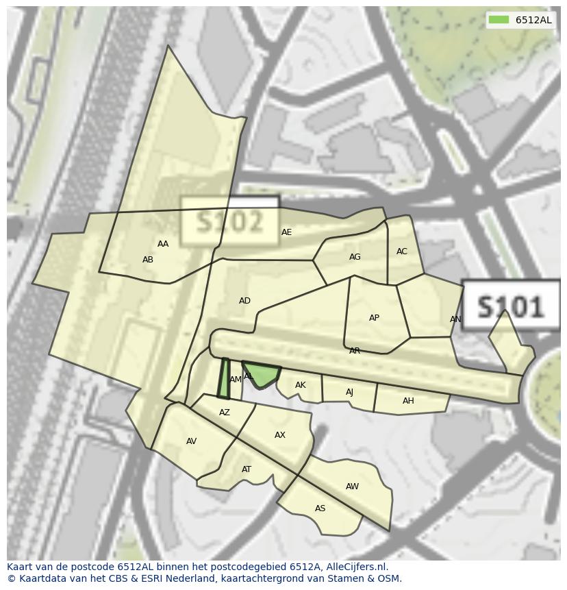 Afbeelding van het postcodegebied 6512 AL op de kaart.