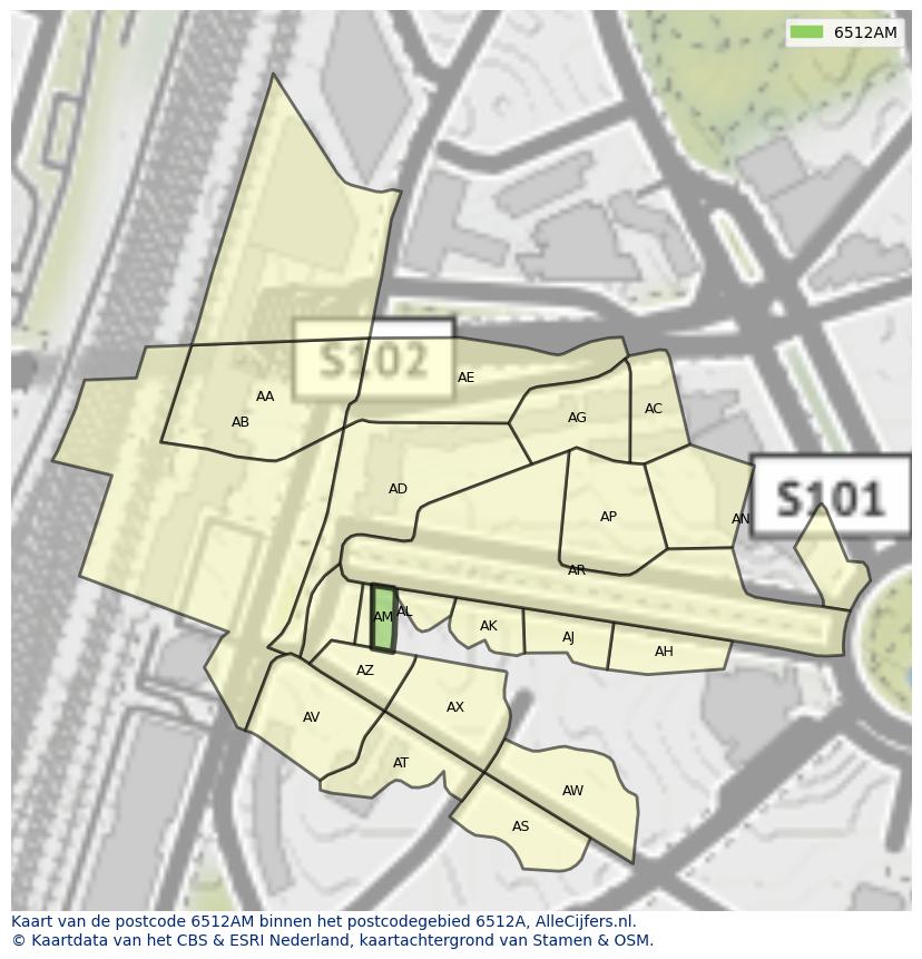 Afbeelding van het postcodegebied 6512 AM op de kaart.