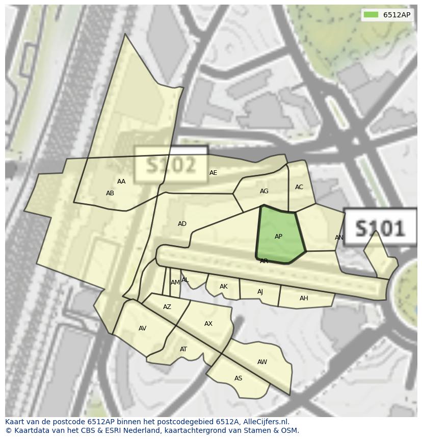 Afbeelding van het postcodegebied 6512 AP op de kaart.
