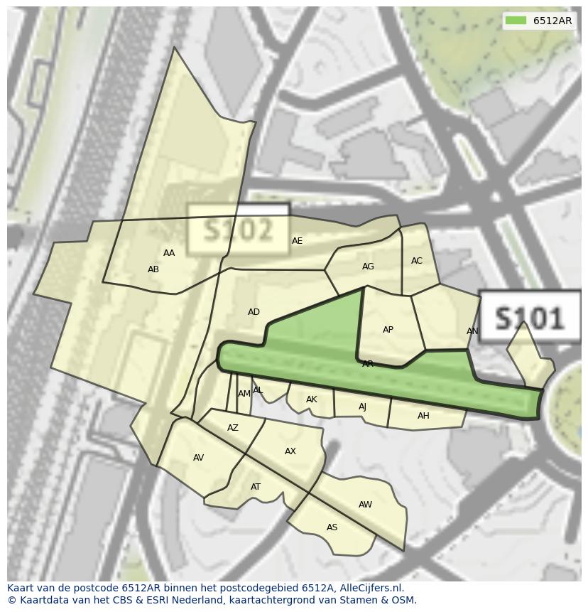 Afbeelding van het postcodegebied 6512 AR op de kaart.