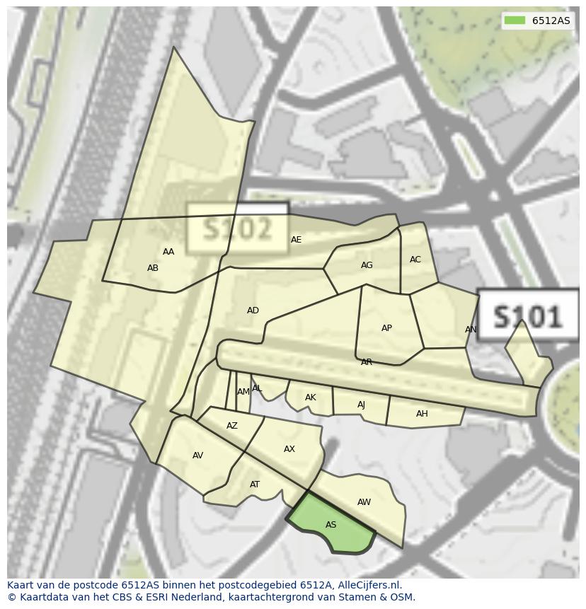 Afbeelding van het postcodegebied 6512 AS op de kaart.
