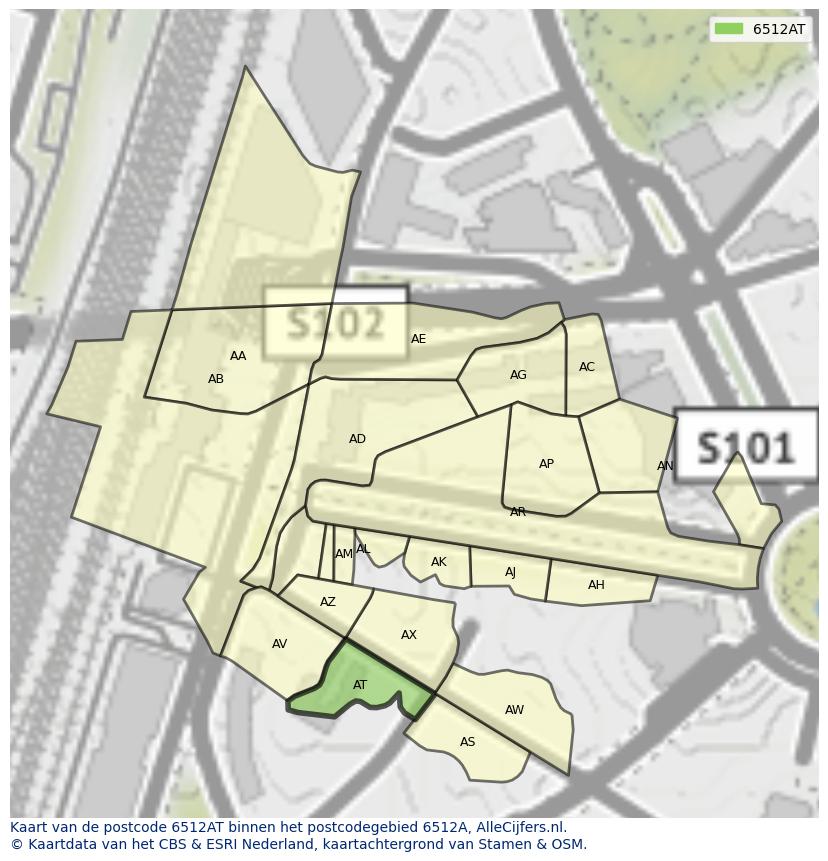 Afbeelding van het postcodegebied 6512 AT op de kaart.