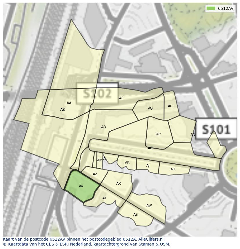 Afbeelding van het postcodegebied 6512 AV op de kaart.