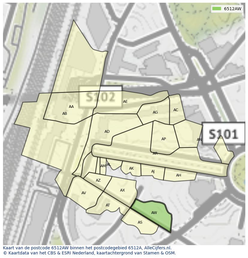 Afbeelding van het postcodegebied 6512 AW op de kaart.