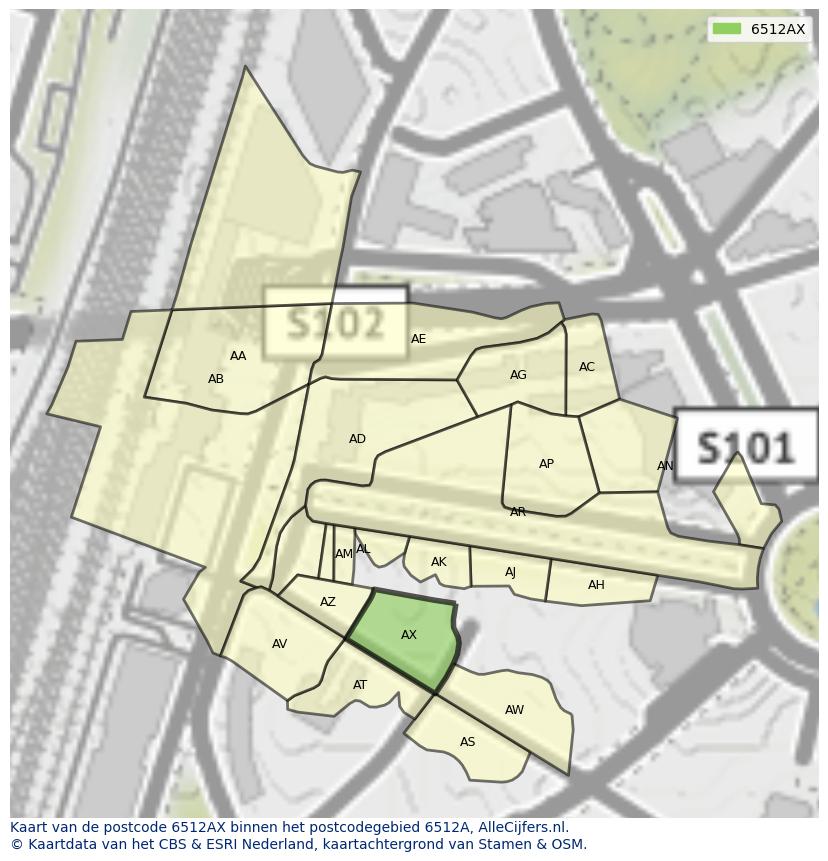 Afbeelding van het postcodegebied 6512 AX op de kaart.