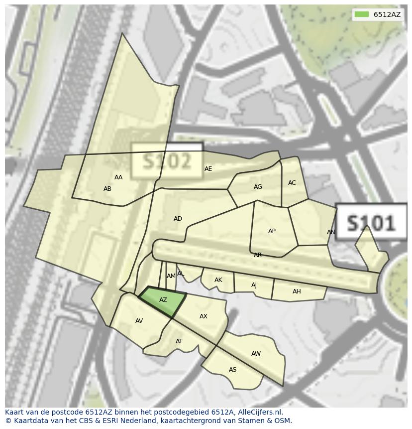 Afbeelding van het postcodegebied 6512 AZ op de kaart.