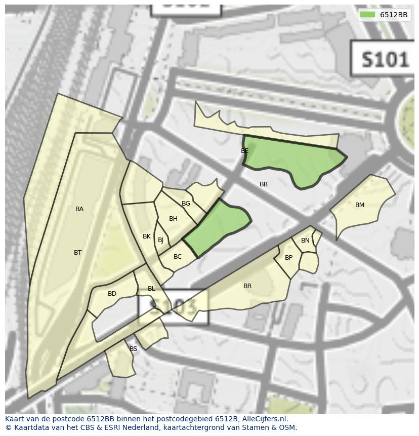 Afbeelding van het postcodegebied 6512 BB op de kaart.