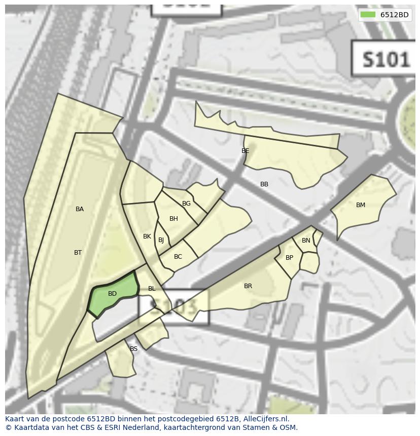 Afbeelding van het postcodegebied 6512 BD op de kaart.