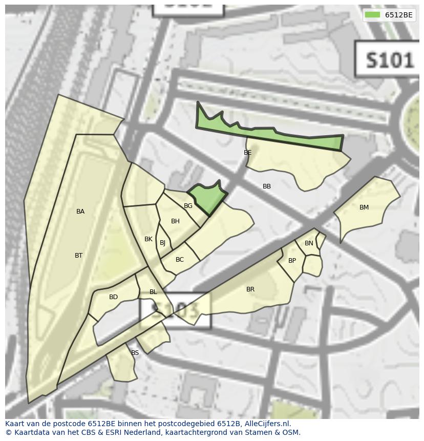 Afbeelding van het postcodegebied 6512 BE op de kaart.