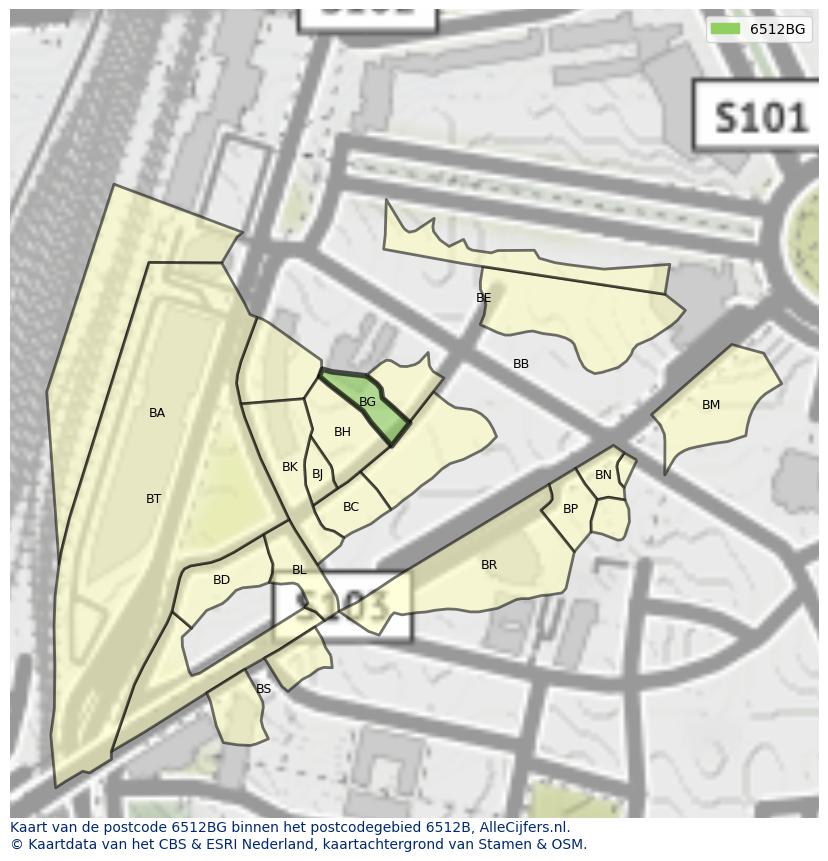 Afbeelding van het postcodegebied 6512 BG op de kaart.