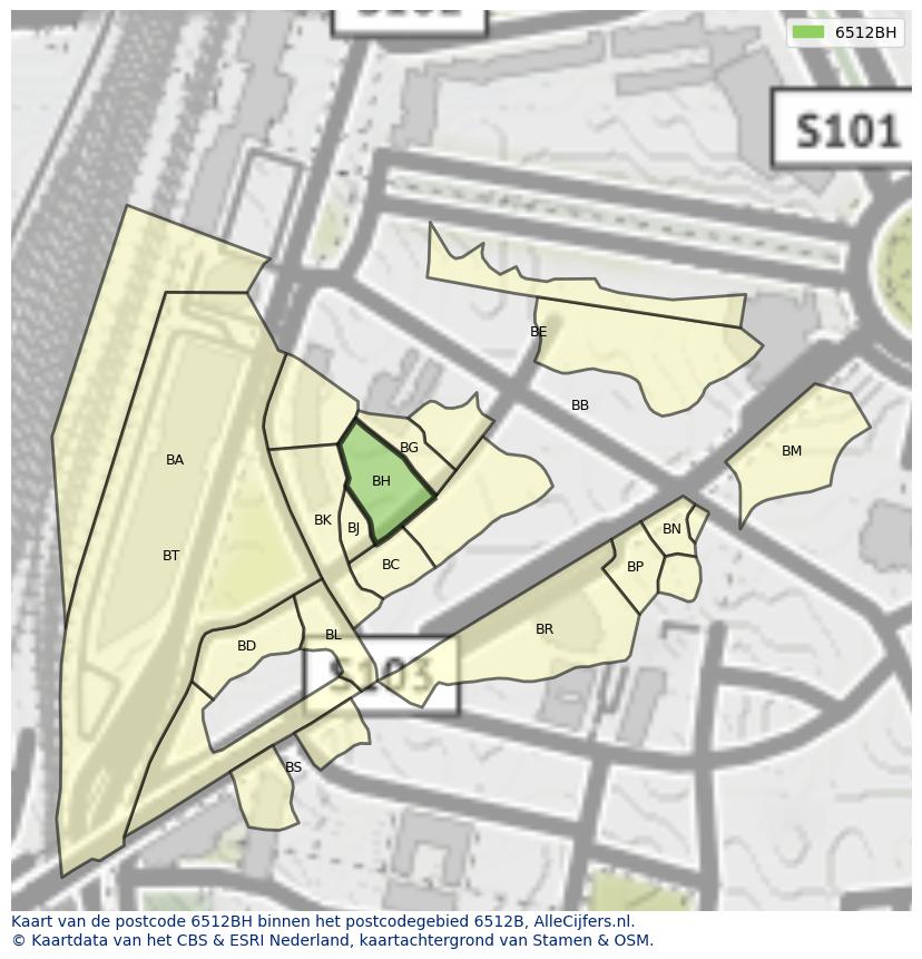 Afbeelding van het postcodegebied 6512 BH op de kaart.