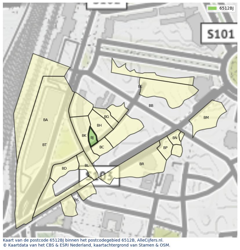 Afbeelding van het postcodegebied 6512 BJ op de kaart.