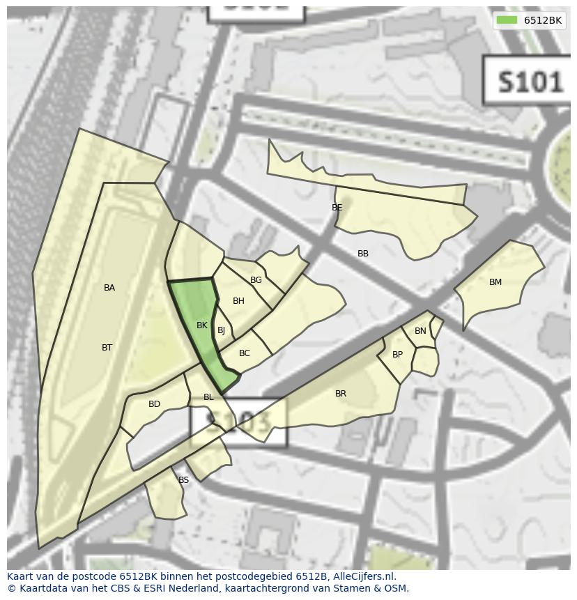 Afbeelding van het postcodegebied 6512 BK op de kaart.