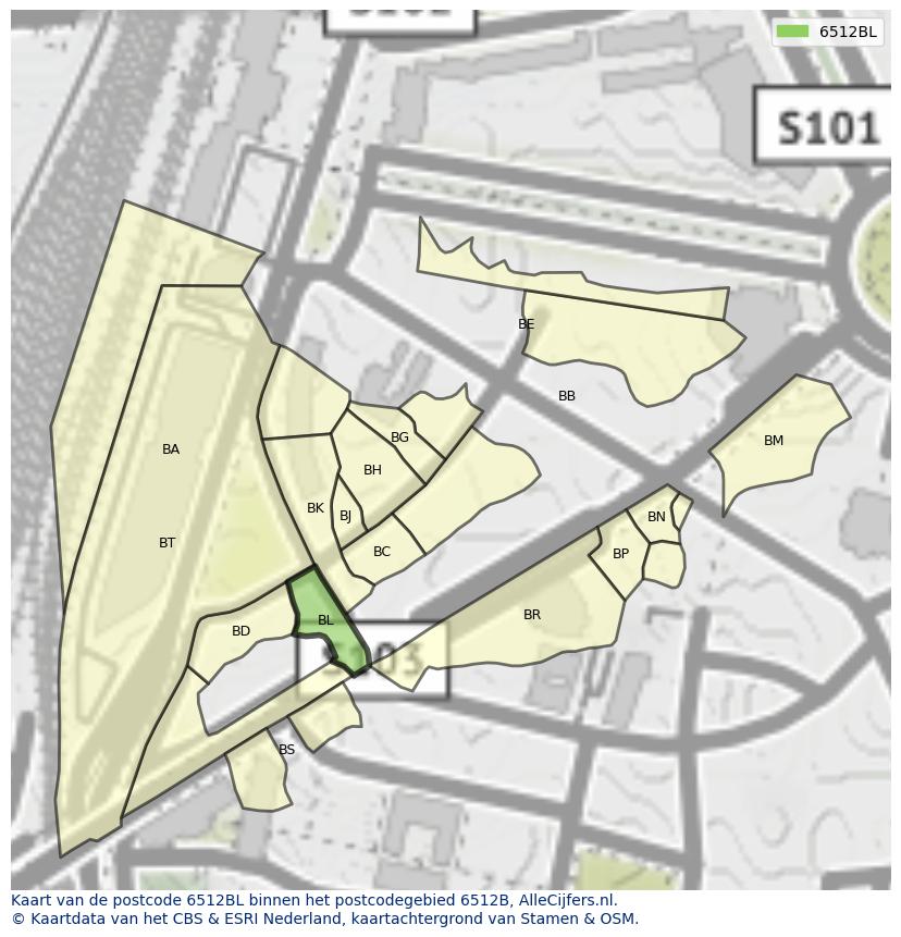 Afbeelding van het postcodegebied 6512 BL op de kaart.