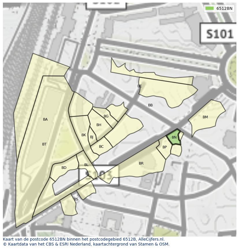 Afbeelding van het postcodegebied 6512 BN op de kaart.