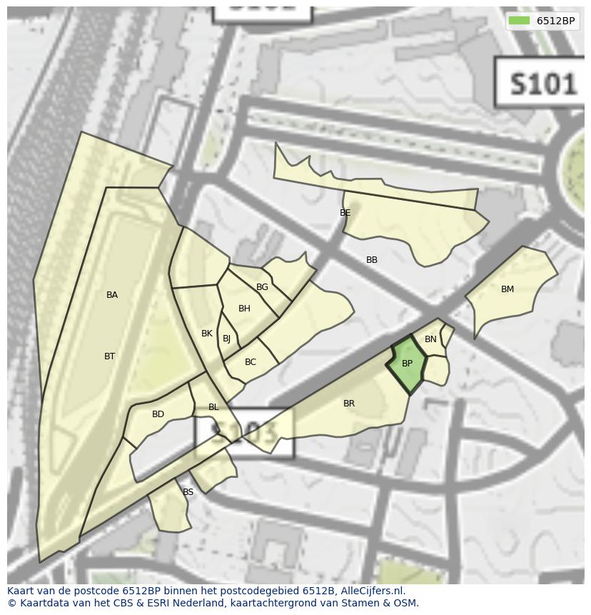 Afbeelding van het postcodegebied 6512 BP op de kaart.