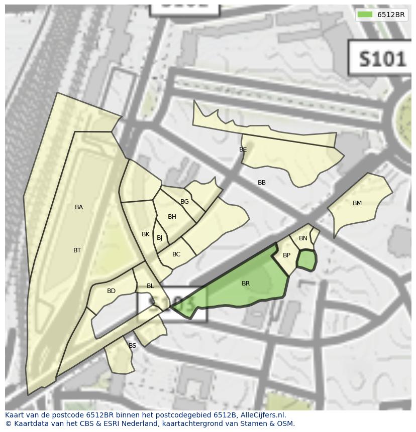Afbeelding van het postcodegebied 6512 BR op de kaart.