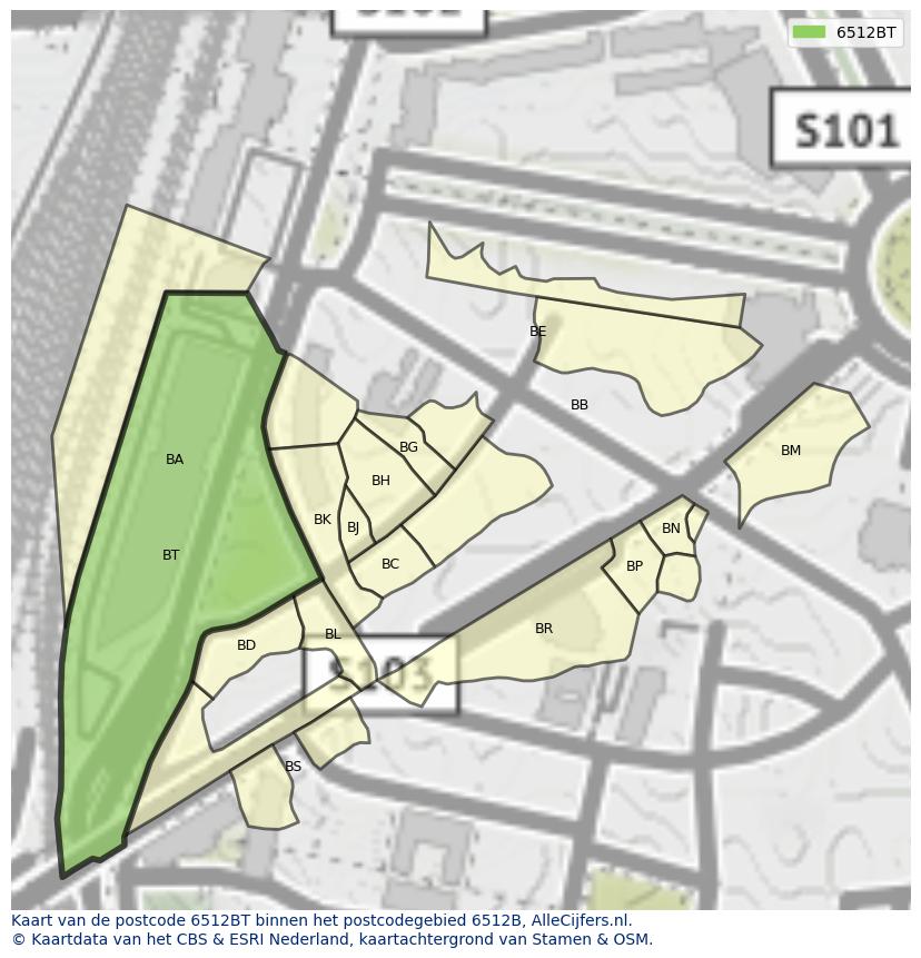 Afbeelding van het postcodegebied 6512 BT op de kaart.