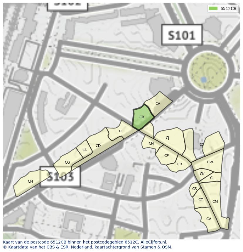 Afbeelding van het postcodegebied 6512 CB op de kaart.