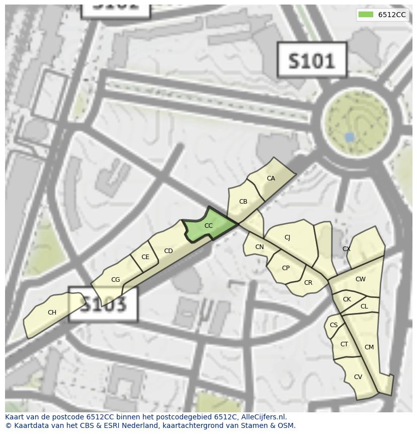 Afbeelding van het postcodegebied 6512 CC op de kaart.