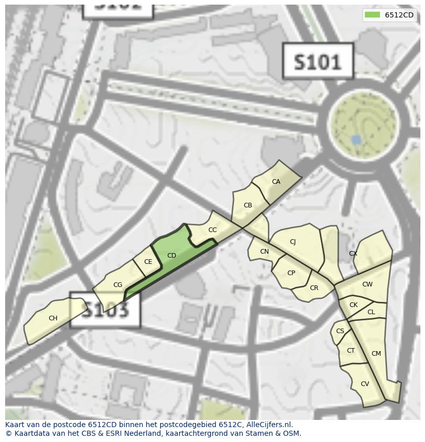 Afbeelding van het postcodegebied 6512 CD op de kaart.