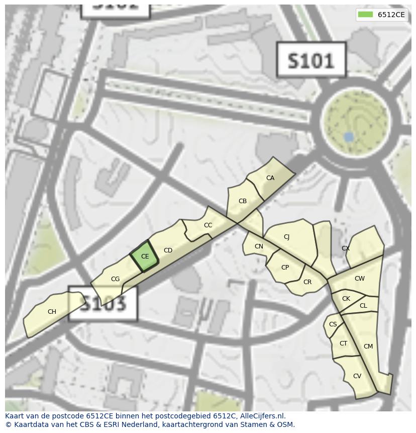 Afbeelding van het postcodegebied 6512 CE op de kaart.