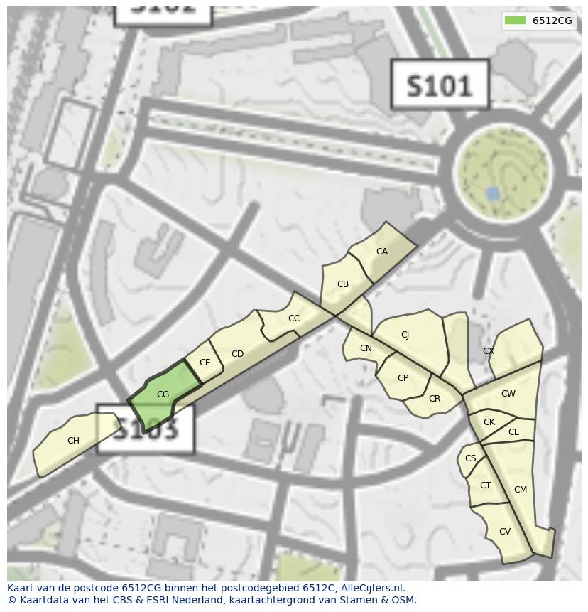 Afbeelding van het postcodegebied 6512 CG op de kaart.