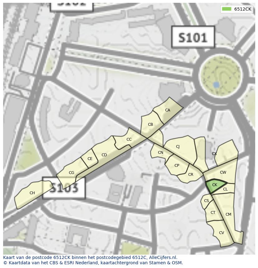 Afbeelding van het postcodegebied 6512 CK op de kaart.