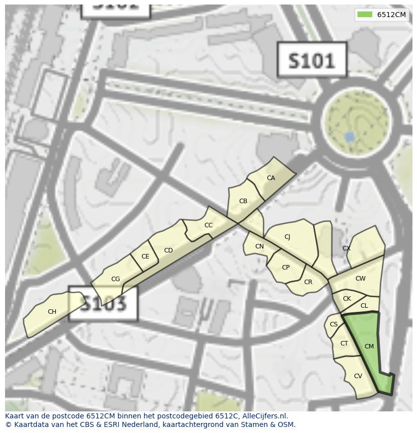 Afbeelding van het postcodegebied 6512 CM op de kaart.