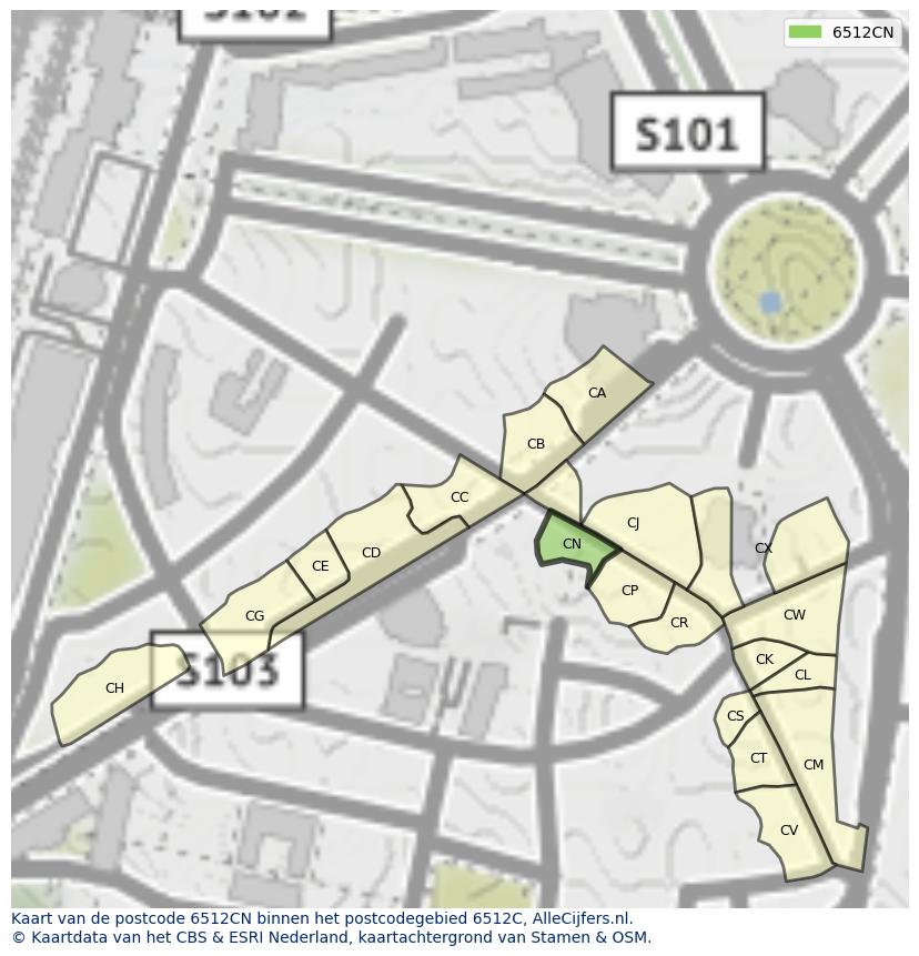 Afbeelding van het postcodegebied 6512 CN op de kaart.