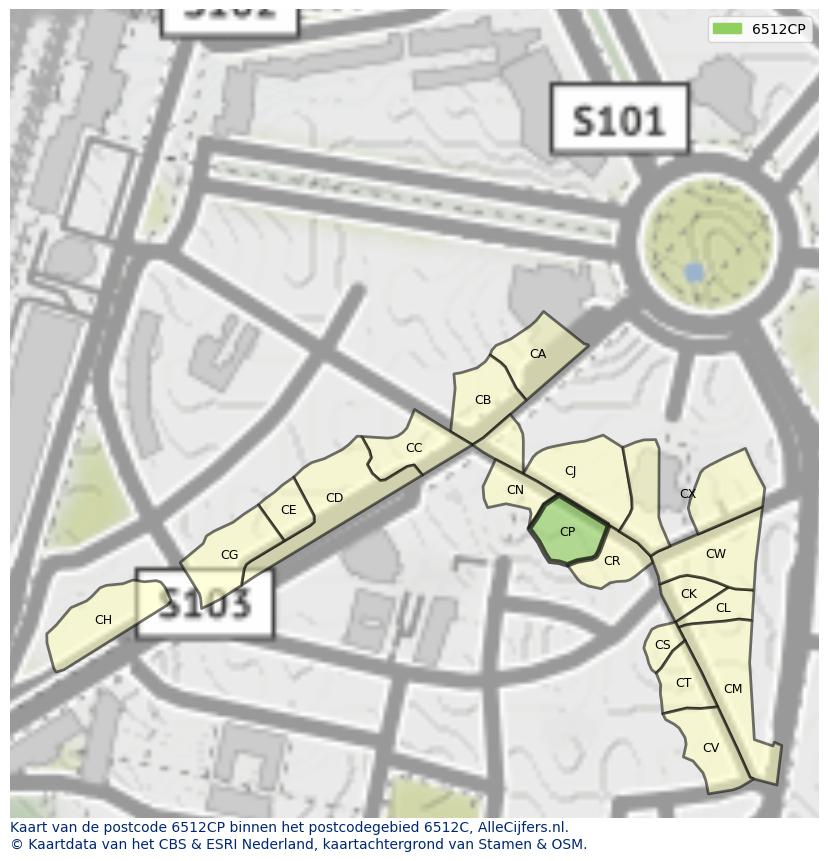 Afbeelding van het postcodegebied 6512 CP op de kaart.