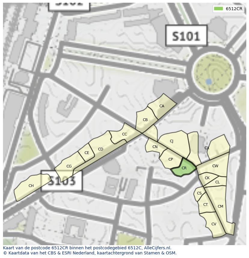 Afbeelding van het postcodegebied 6512 CR op de kaart.