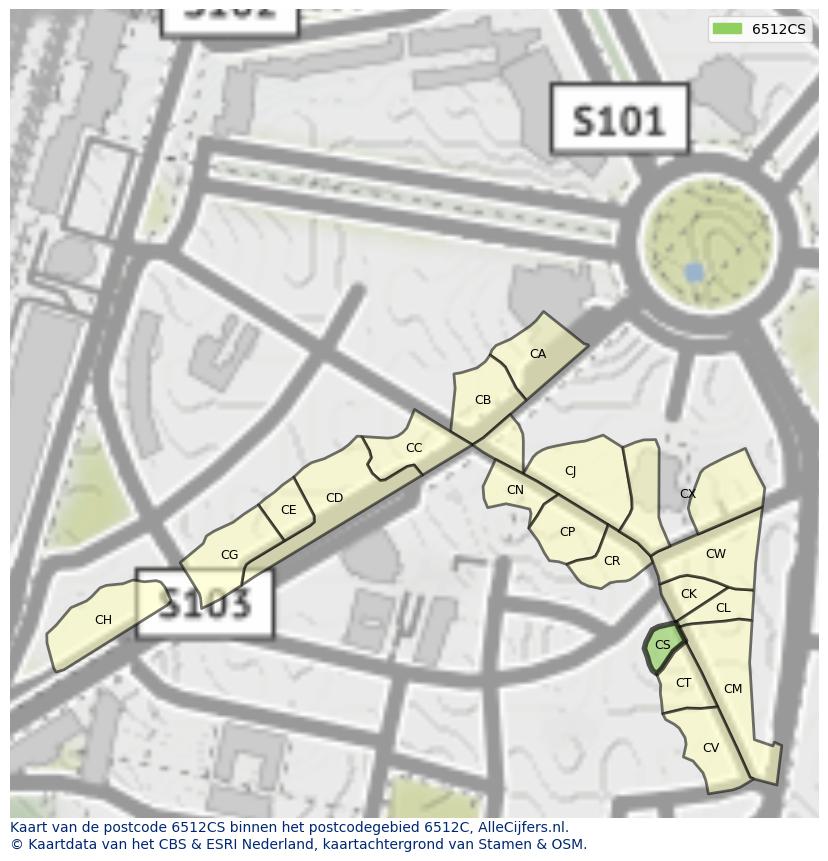 Afbeelding van het postcodegebied 6512 CS op de kaart.