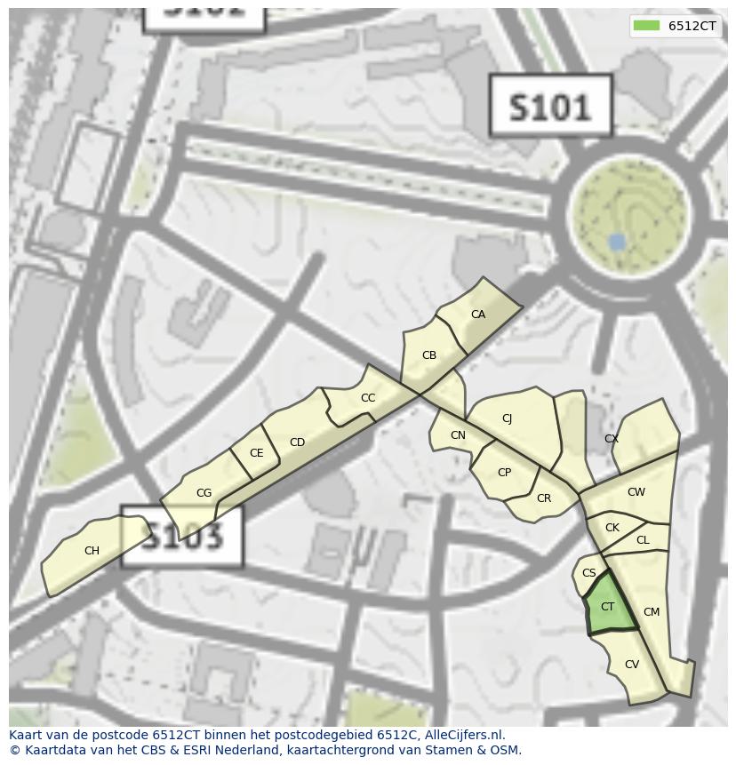 Afbeelding van het postcodegebied 6512 CT op de kaart.