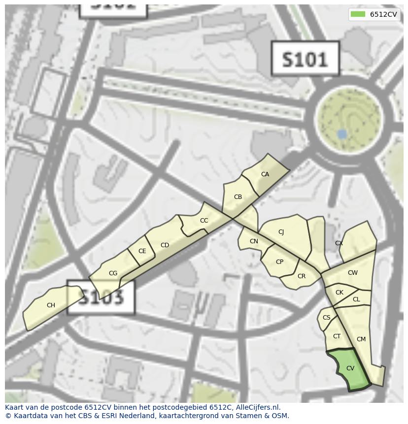 Afbeelding van het postcodegebied 6512 CV op de kaart.