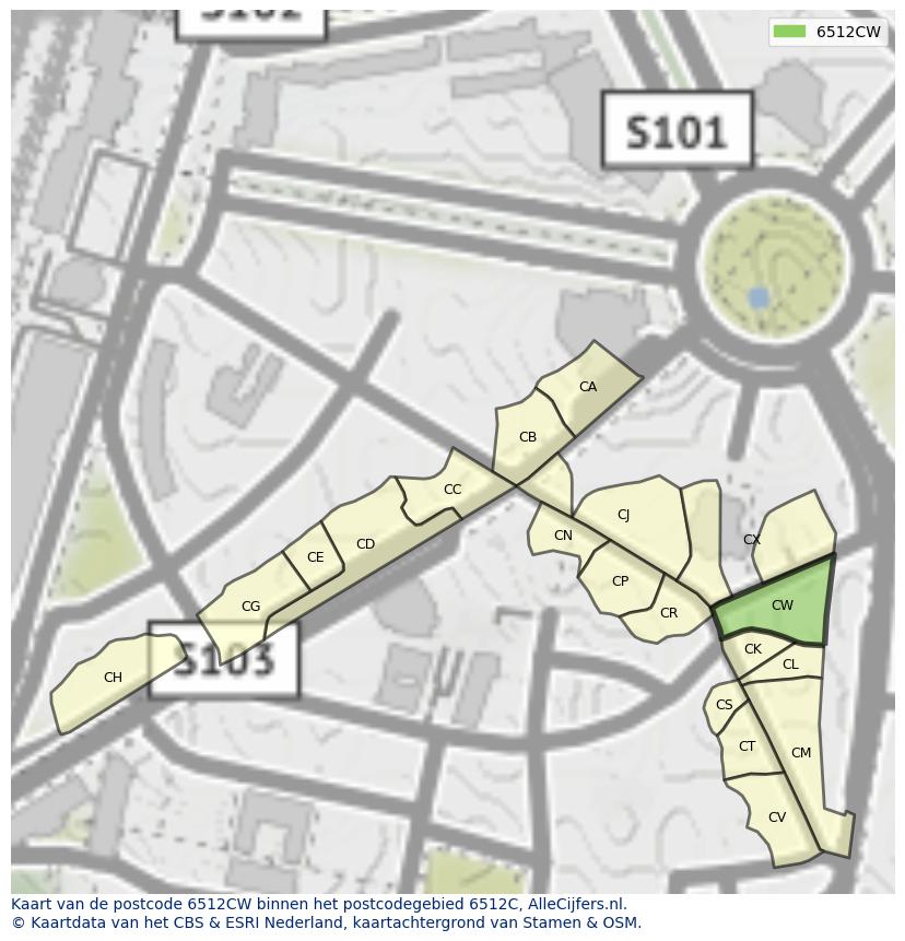 Afbeelding van het postcodegebied 6512 CW op de kaart.