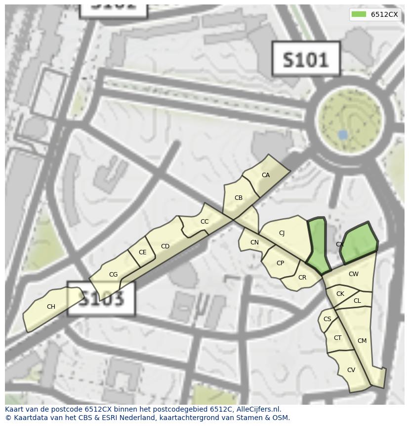 Afbeelding van het postcodegebied 6512 CX op de kaart.