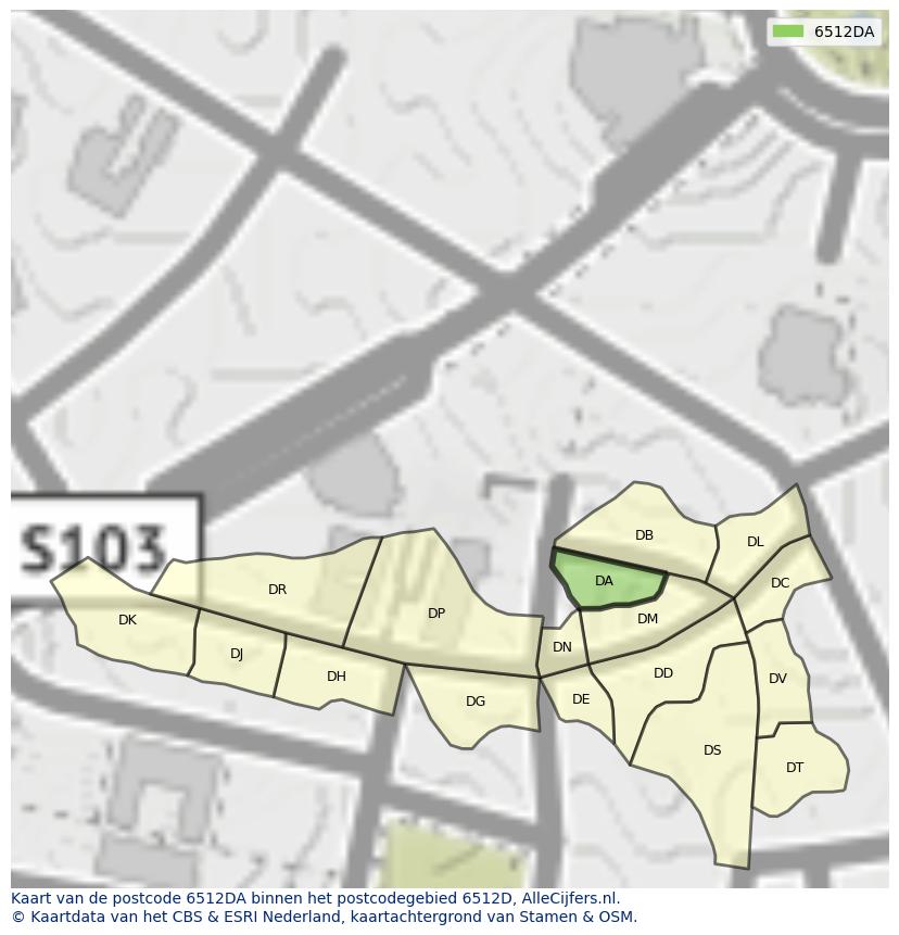 Afbeelding van het postcodegebied 6512 DA op de kaart.