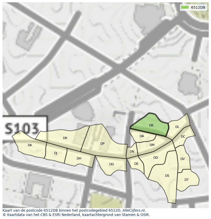 Afbeelding van het postcodegebied 6512 DB op de kaart.