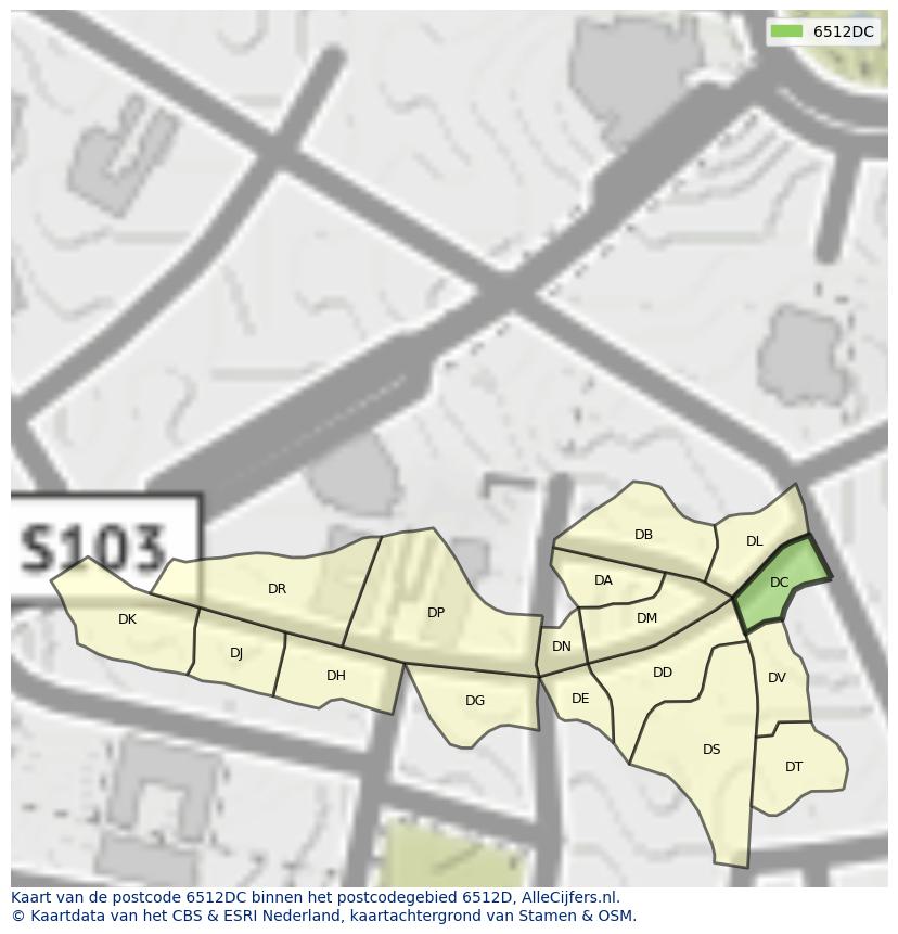 Afbeelding van het postcodegebied 6512 DC op de kaart.
