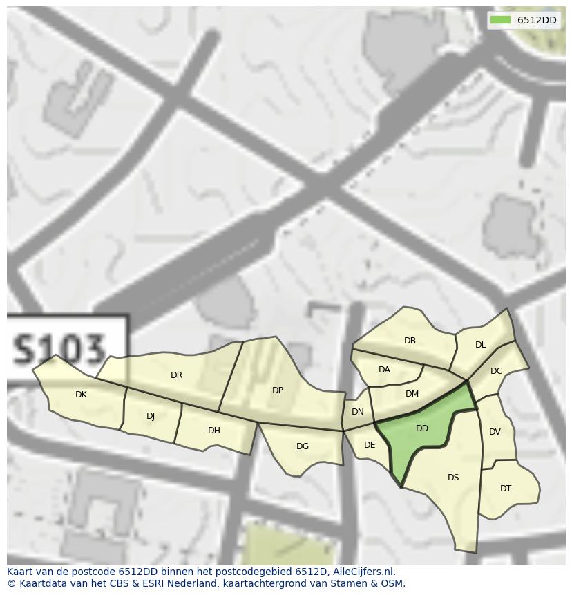 Afbeelding van het postcodegebied 6512 DD op de kaart.