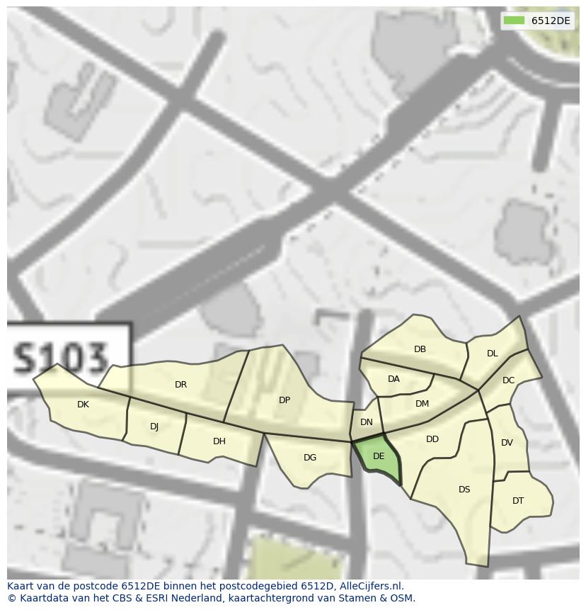 Afbeelding van het postcodegebied 6512 DE op de kaart.