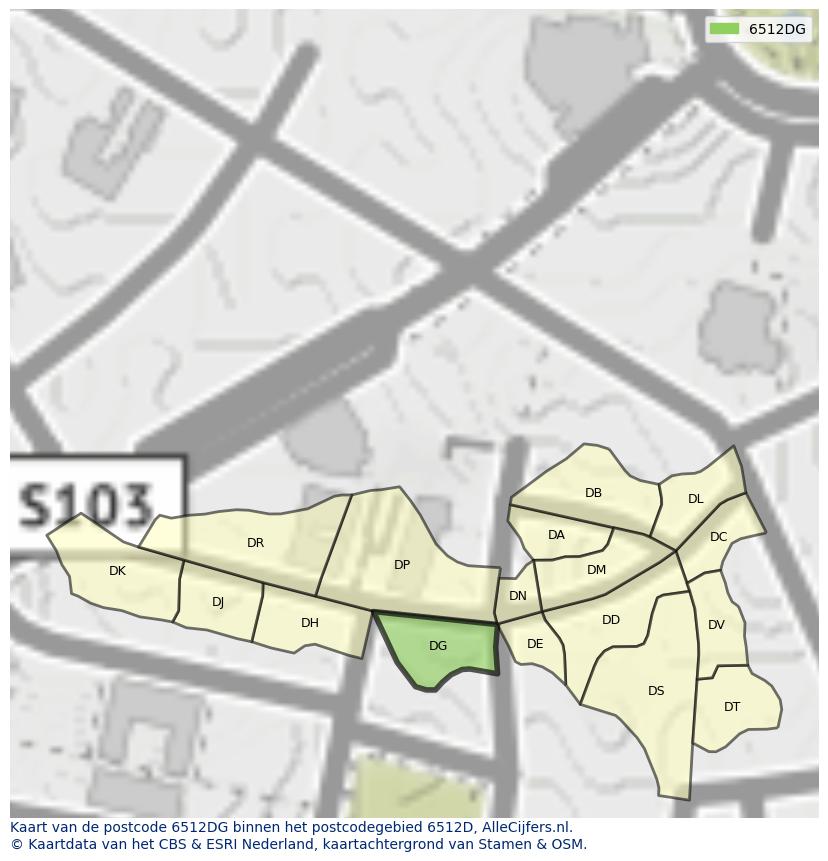 Afbeelding van het postcodegebied 6512 DG op de kaart.