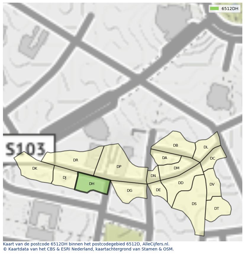 Afbeelding van het postcodegebied 6512 DH op de kaart.
