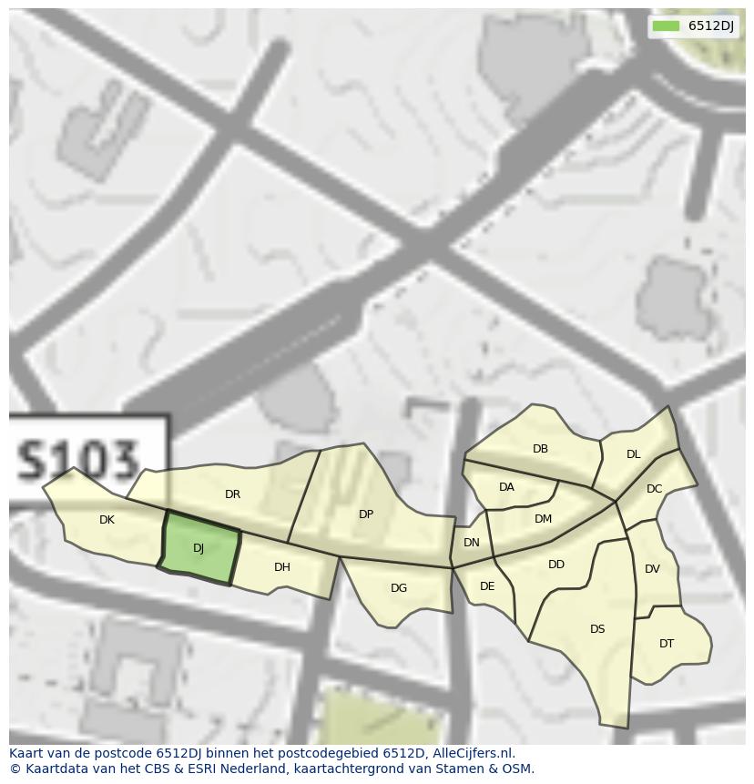 Afbeelding van het postcodegebied 6512 DJ op de kaart.