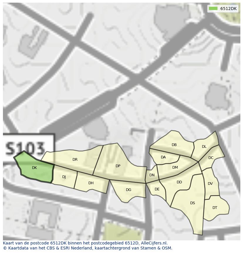 Afbeelding van het postcodegebied 6512 DK op de kaart.